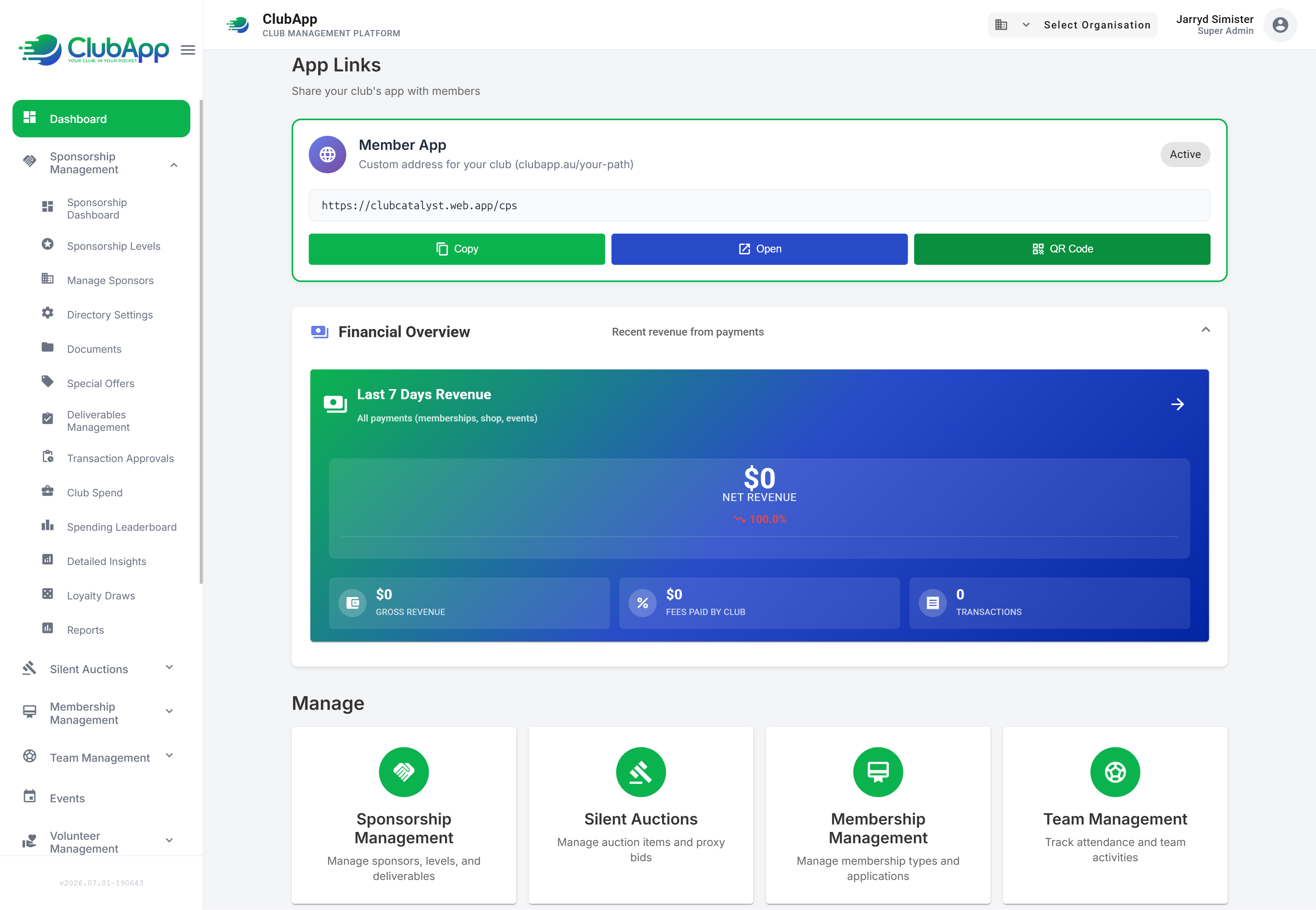 ClubApp admin dashboard