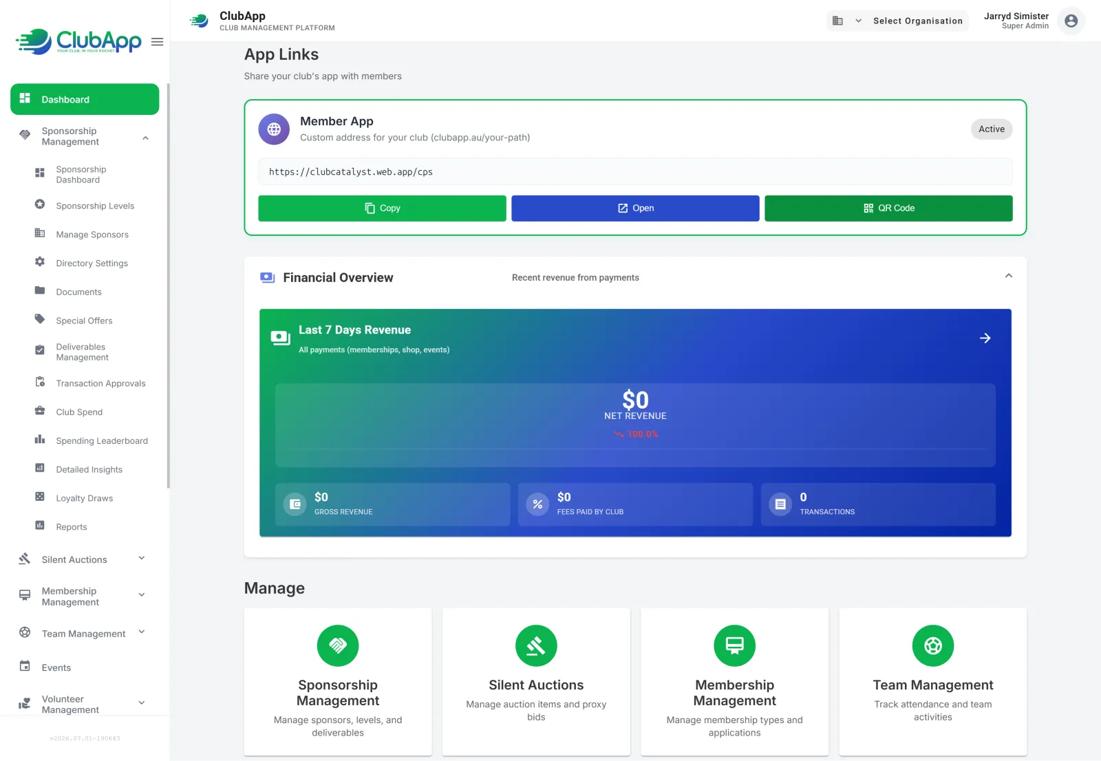 ClubApp admin dashboard