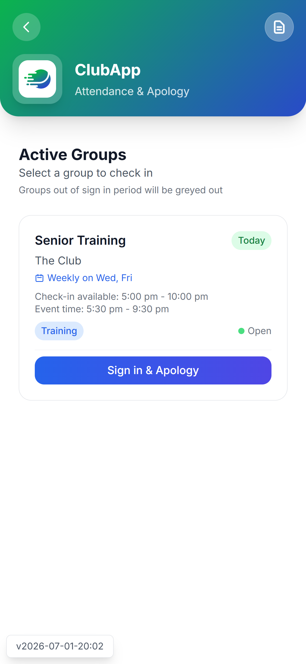 ClubApp Attendance screen