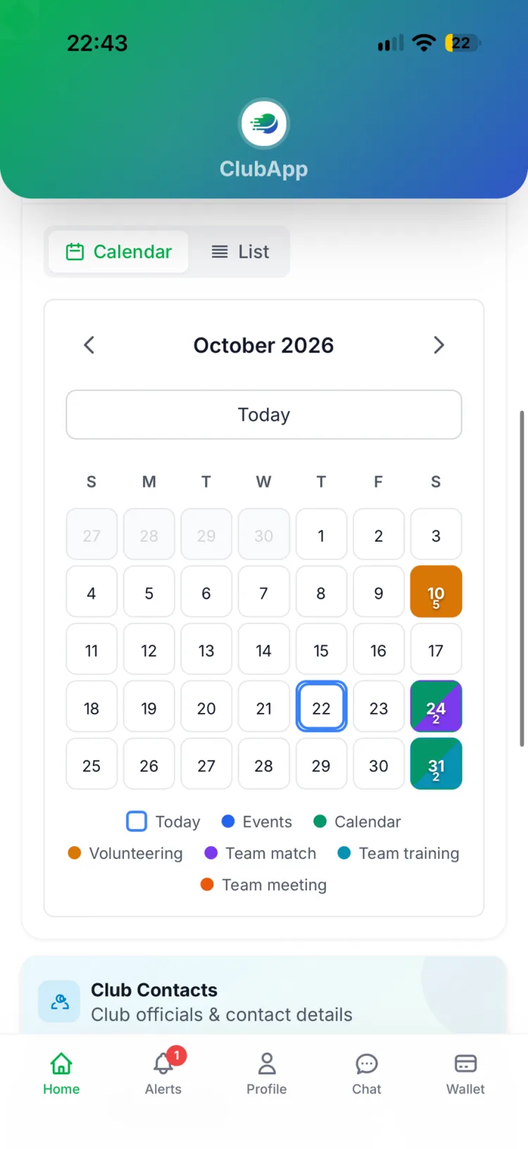 ClubApp club calendar