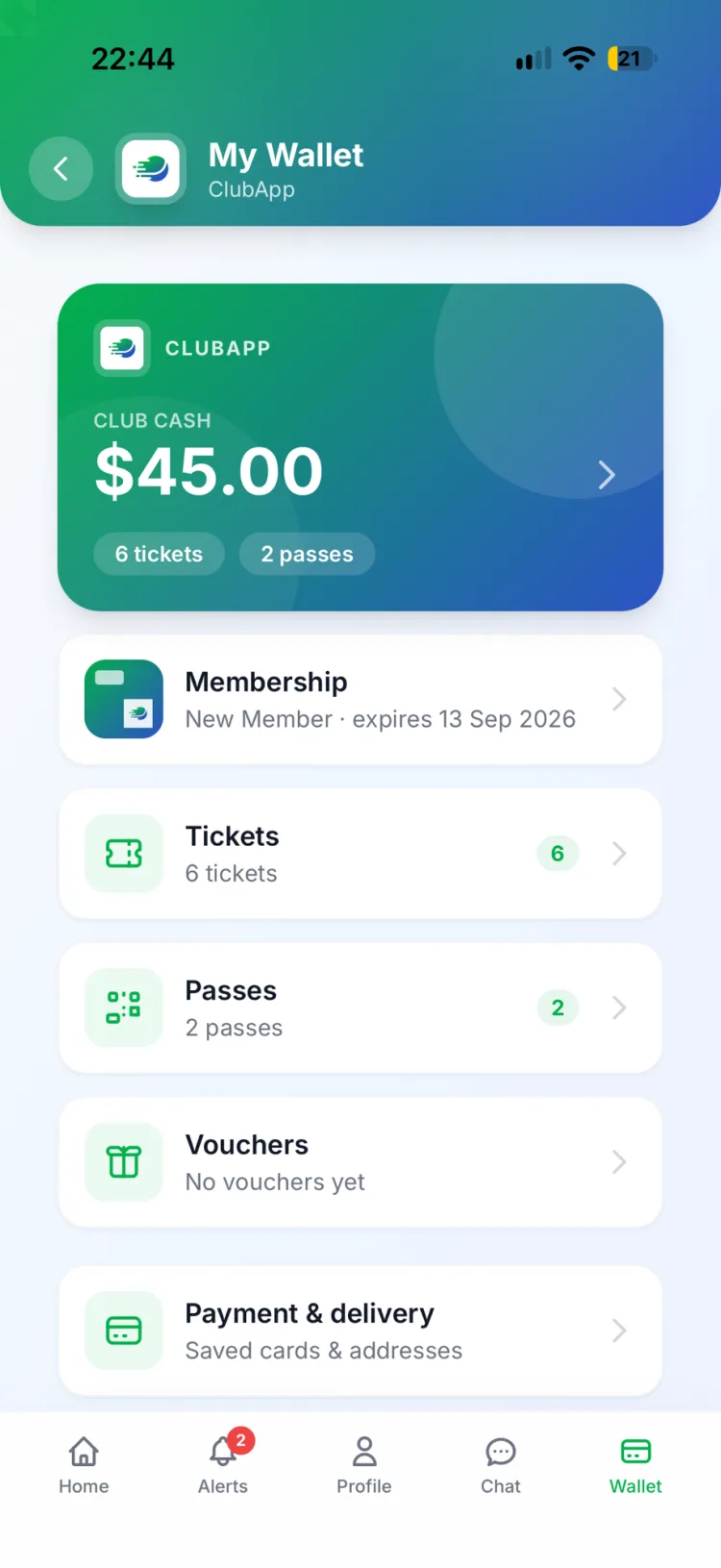 ClubApp My Wallet with Club Cash balance