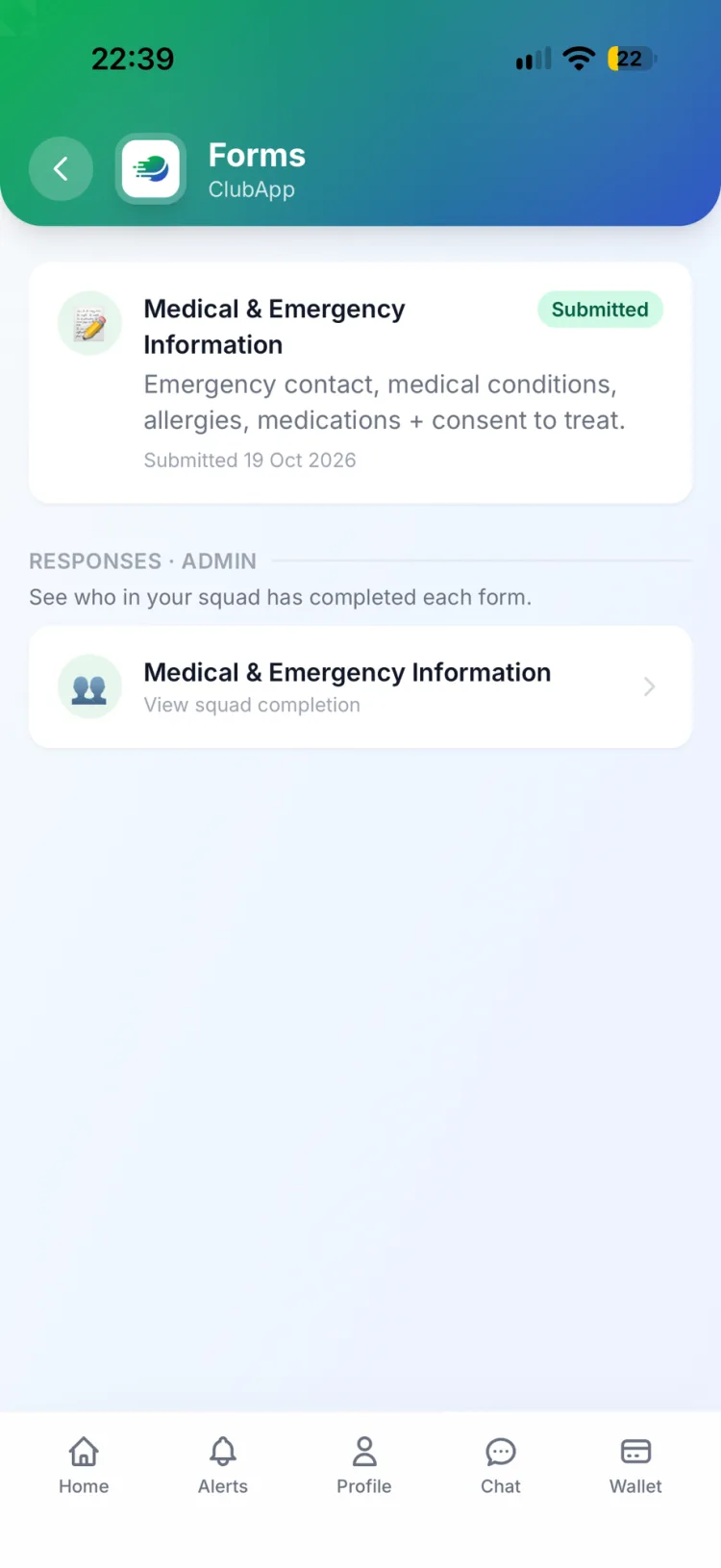ClubApp forms screen