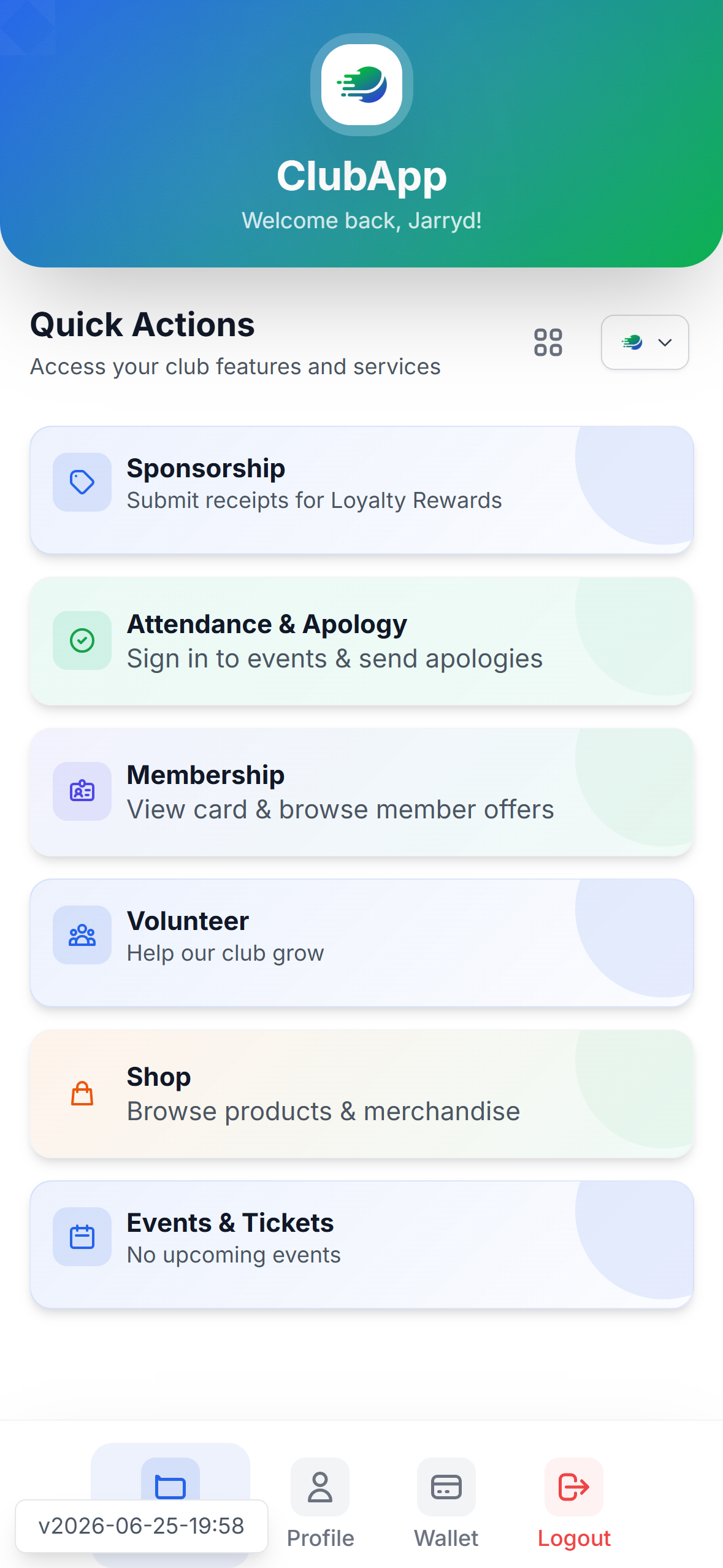 ClubApp home screen — Quick Actions