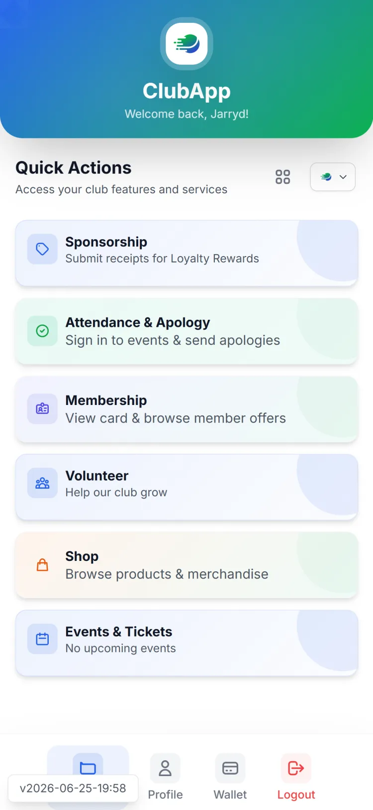 ClubApp home screen — Quick Actions