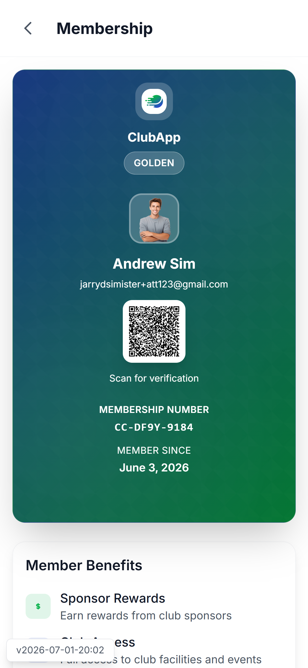 ClubApp Membership card