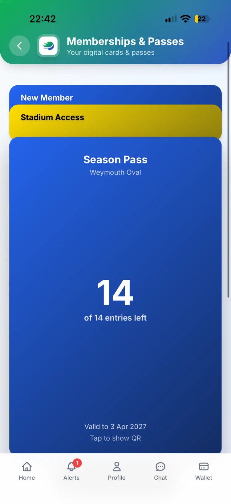 ClubApp season pass with remaining entries