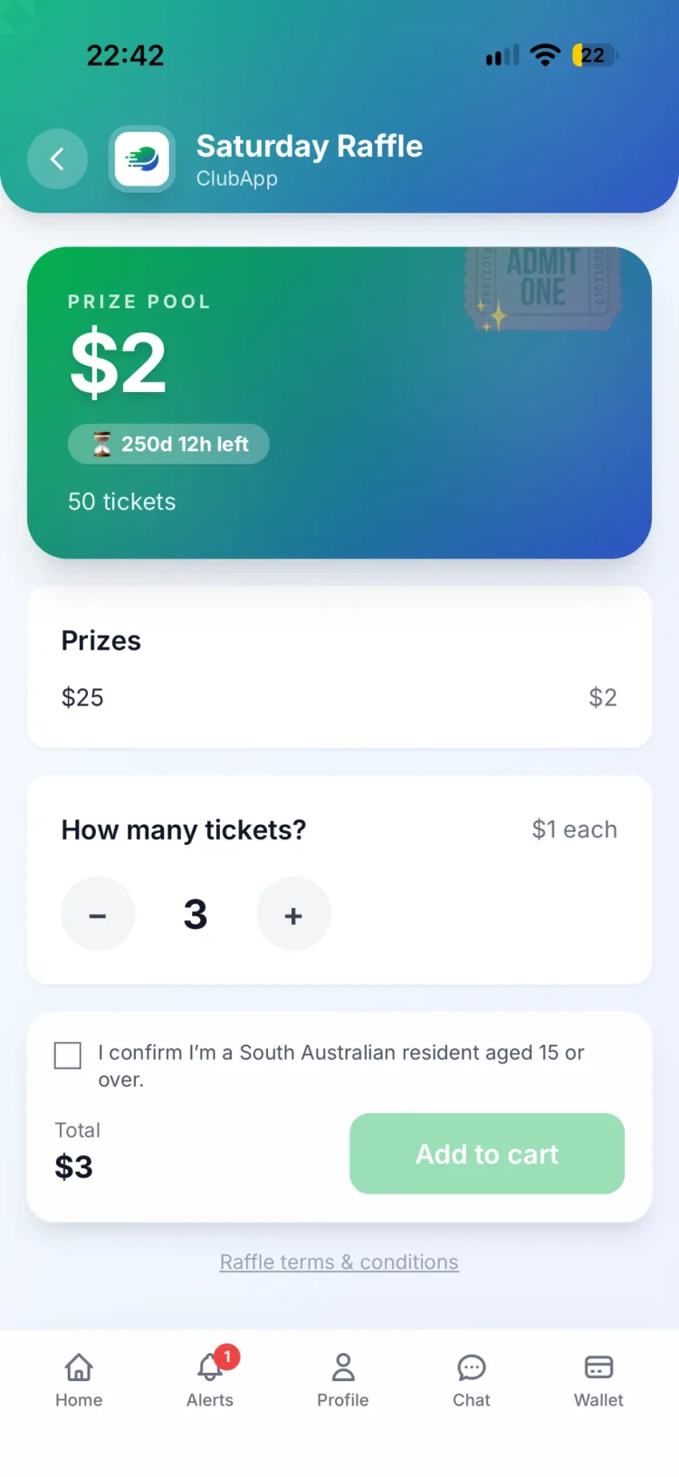 ClubApp raffle ticket purchase