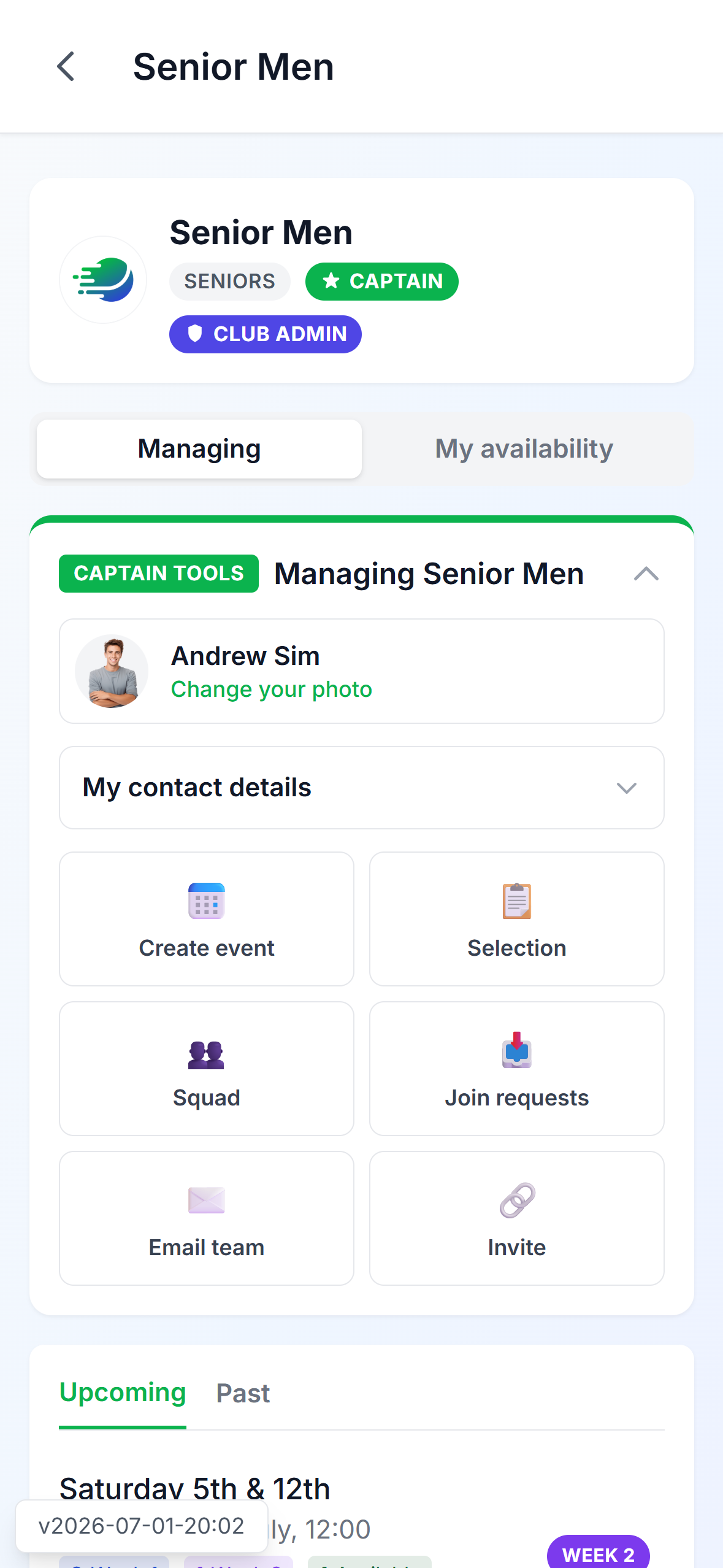 ClubApp team management screen