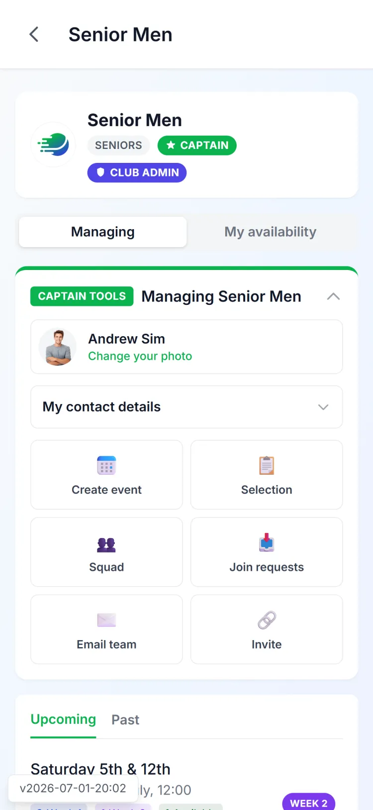 ClubApp team management screen