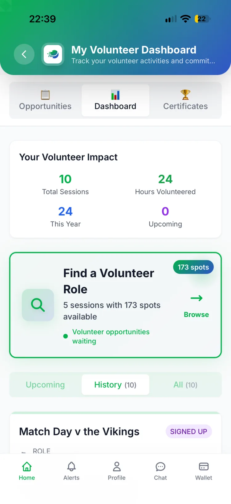 ClubApp volunteer dashboard